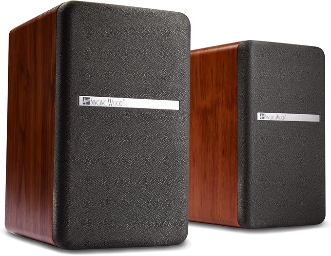 SINGING WOOD BT25 (2024 Version) Bluetooth Active Bookshelf Speakers for with Optical Aux inputs Subwoofer Line Out for PC, TVs, Turntable, Wooden Enclosure,80W - Cherry Wood