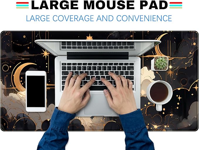 Black and Gold Celestial Desk Mat XXL Extended Gaming Mouse Pad Large Mousepad with Stitched Edges, Laptop Computer Keyboard Mouse Mat Desk Pad for Work Game Office Home Desk Decor 31.5x15.75 in