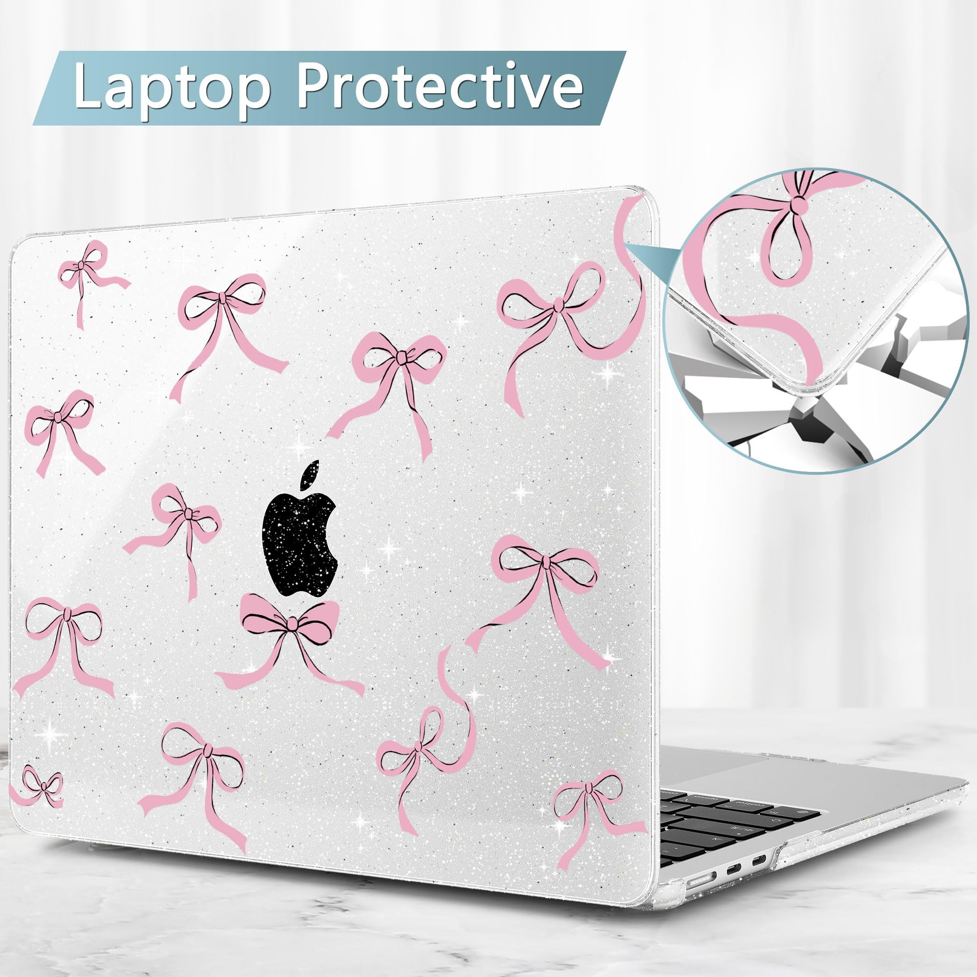 May Chen Case for MacBook Air 13/13.6 inch M5 A3449 M4 A3240 M3 A3113 M2 A2681, 2026 2025 2024-2022, Plastic Hard Shell with Keyboard Cover & Screec Protector, Clear Glitter Bow