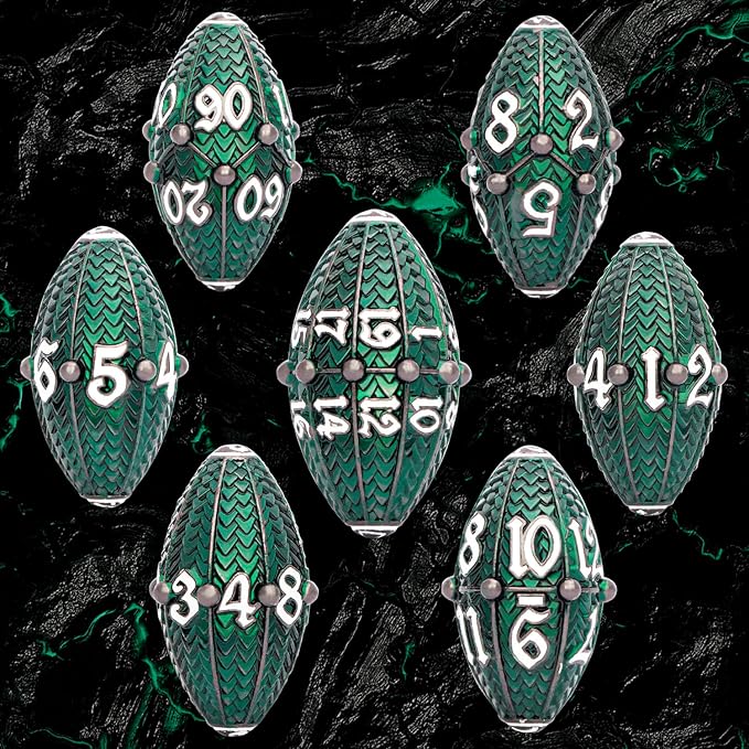 ARUOHHA DND Metal Dice Black Green Dragon Egg Dice with Metal Box, Role Playing Game RPG Polyhedral D and D Dice Set D20 D12 D10 D8 D6 D4