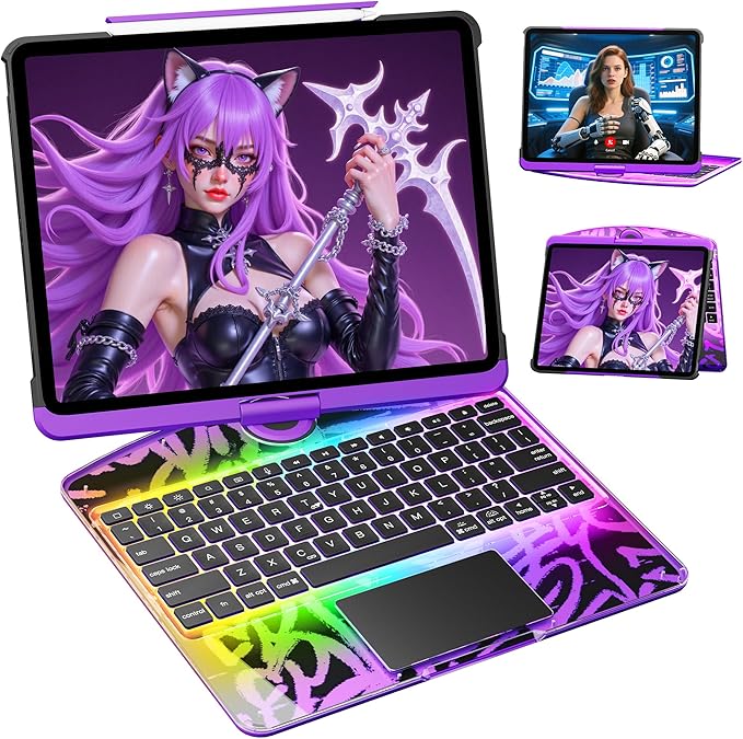 KITONE Transparent Case with Wireless Keyboard for iPad 10.2-in (7th, 8th, and 9th Gen), 7 Colors Backlight, Trackpad, 360°Rotating Stand, Tech Style