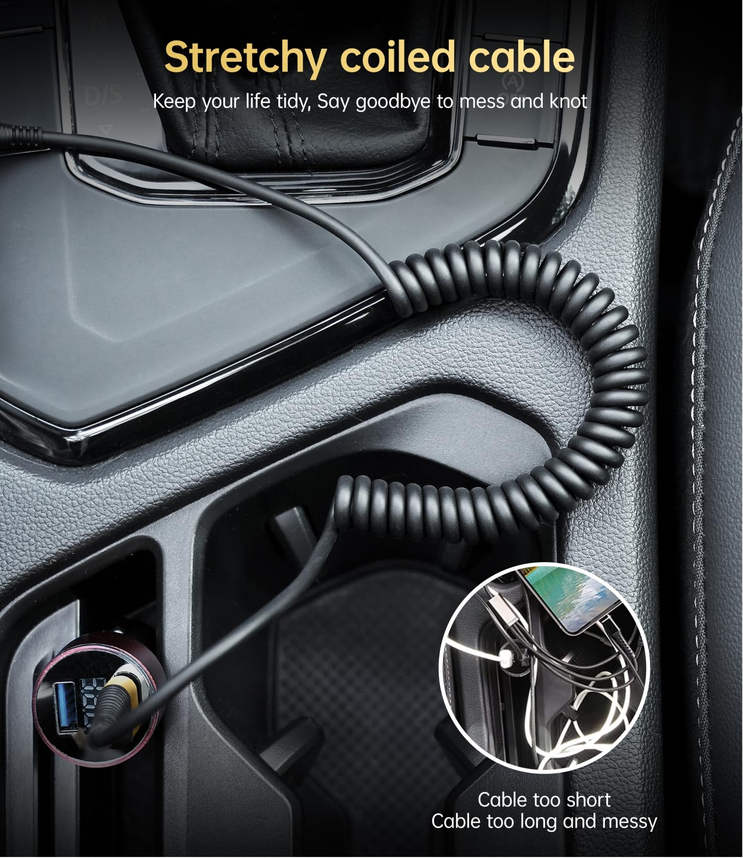 Short iPhone Charger Cable for Car, 2 Pack 3FT Coiled Lightning Cable