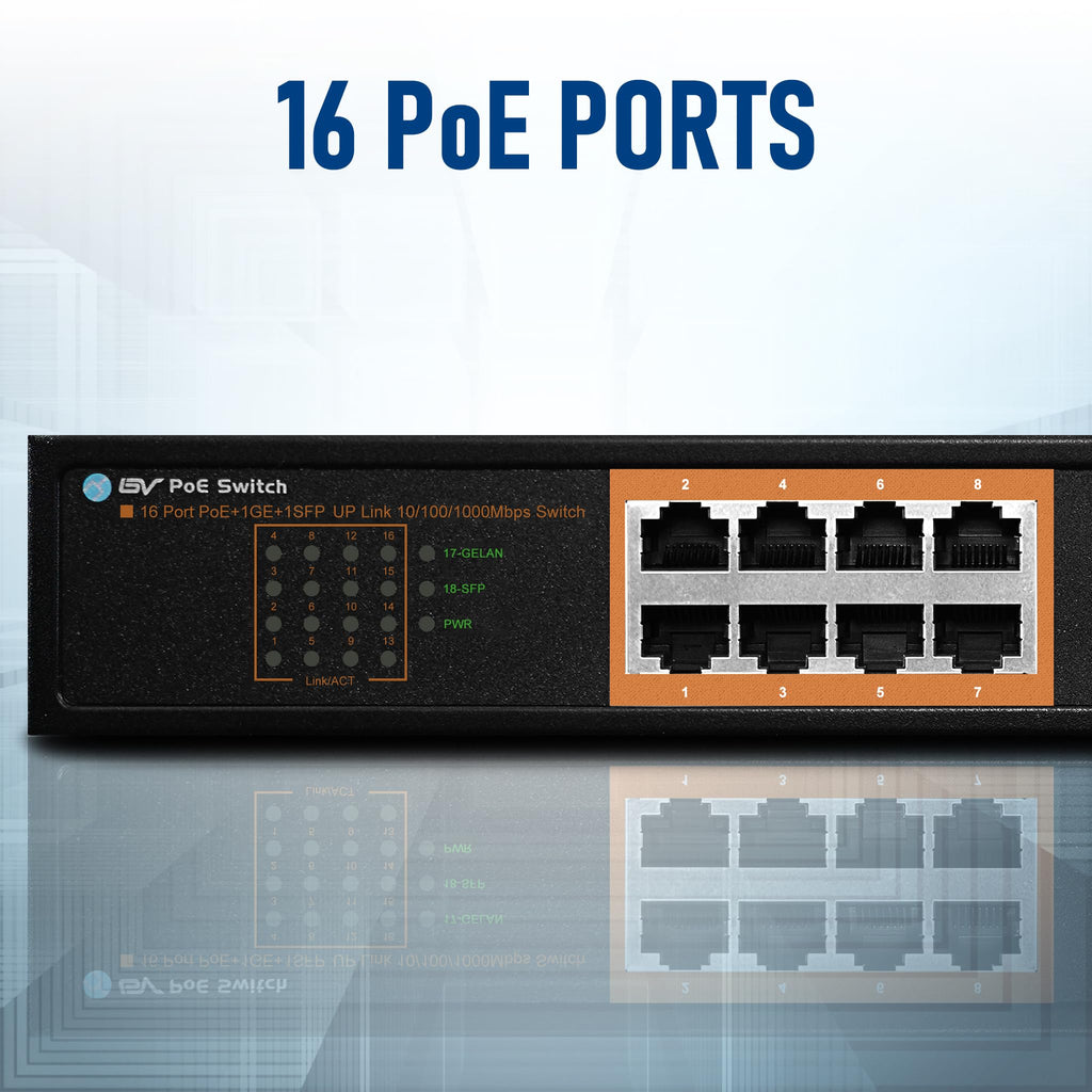 BV-Tech 16-Port PoE+ Switch with 1 Gigabit & 1 SFP Uplink, 120W