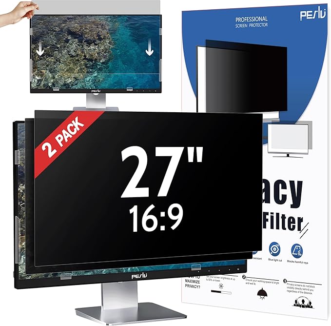 [2-Pack] 27 Inch Privacy Screen for Computer Monitor 16:9 Aspect Ratio, Eye Protection Anti Blue Light Glare Shield, 27inch Removable Black Blackout Anti Spy Desktop Security Private Filter