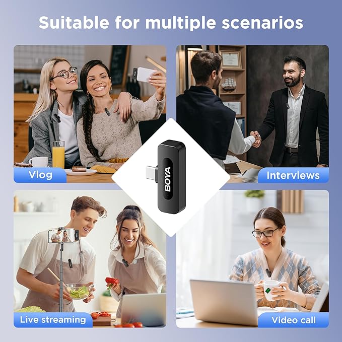 BOYA BY-V20 USB-C Wireless Microphone for Android Type-C,iPhone 16/15,328FT Los Range,9H Battery,Noise Reduction Mini Wireless Lavalier Lapel Mics for Interview YouTube TikTok(2TX+1RX)
