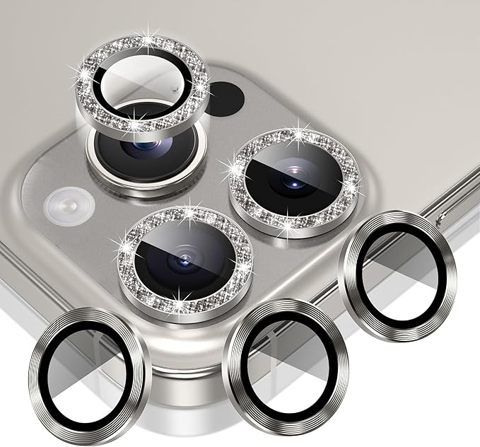 AGVEE 3+3 6 Pack for iPhone 16 Pro 6.3" / 16 Pro Max 6.9" Camera Lens Cover Protector, Bling Glitter & CD-Textured Metal Ring 9H Tempered HD Glass Camera Cover Protector Film, Glitter-Natural