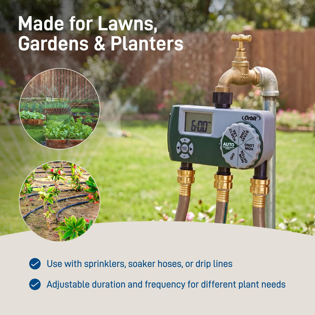 Orbit Programmable Digital Hose Watering Timer - 3 Outlet - Battery Powered - with LCD Screen - Built-in Rain Delay - Water-Resistant - 56082
