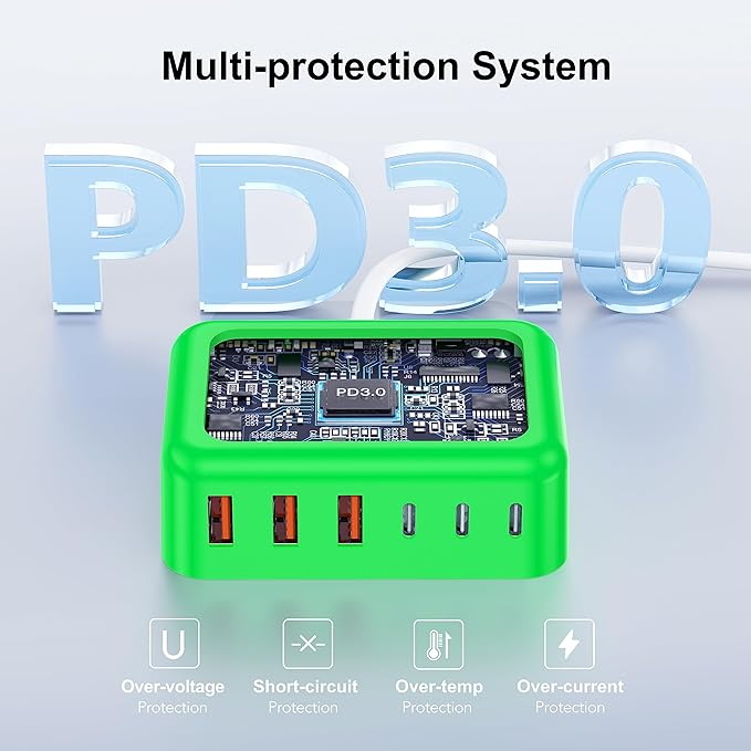 USB C Fast Charger 100W GaN 6 Port Type USB C Charging Station Hub Block Wall Charger Power Strip Adapter Plug Cube Brick 3 USB A for iPad iPhone 15 14 13 12 11 Pro Max Pixel Note Galaxy