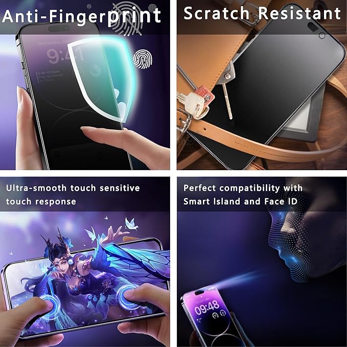 (2-Pack Matte Privacy Anti-Spy Screen Protector for iPhone 14 Pro/15/16 (6.1-Inch),9H Tempered Glass,Anti-Glare,Full Coverage,Anti-Fingerprint,Auto Dust Removal,Bubble-Free