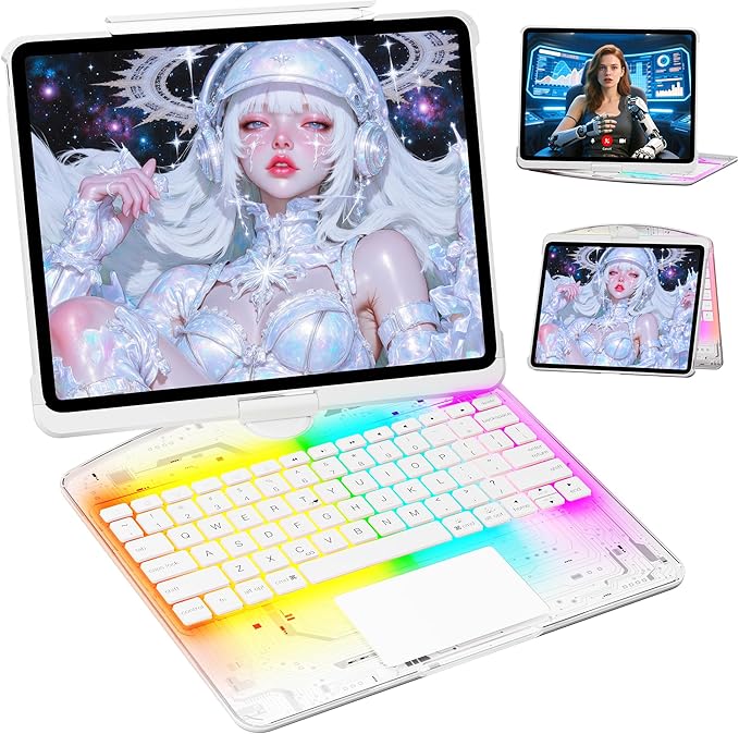 KITONE Transparent Case with Wireless Keyboard for iPad 10.2-in (7th, 8th, and 9th Gen), 7 Colors Backlight, Trackpad, 360°Rotating Stand, Tech Style