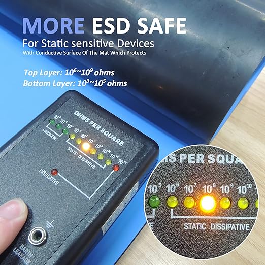 KooMall 36 x 24 Inch ESD Rubber Mat Kits, Anti Static Table Floor Pad for Electronic Device Repair Solder Assembly PC Building, W/H Grounding Kit- Antistatic Wrist Straps Bracelets Cord Plugs, Blue