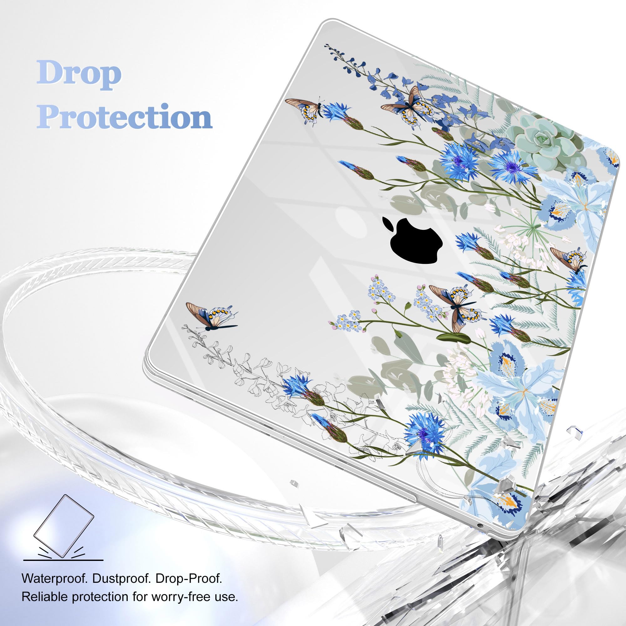 May Chen Compatible with MacBook Pro 13 inch Case with Touch Bar 2022 2021 2020 Release A2338 M1/M2 A2251 A2289, Plastic Hard Shell Case with Keyboard Cover + Dust Plug, Blue Flowers Leaves