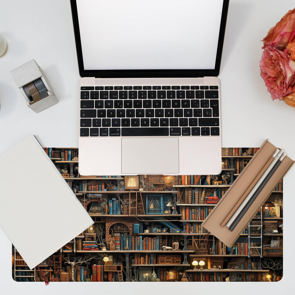 KOAIWPAE Desk Pad, Fantasy Shelves Desk Mat, Shelves Full of Books Large Gaming Mouse Pad for Desk, 31.5"x15.7" Extended Big Computer Keyboard Mouse Pad with Non-Slip Base and Stitched Edge
