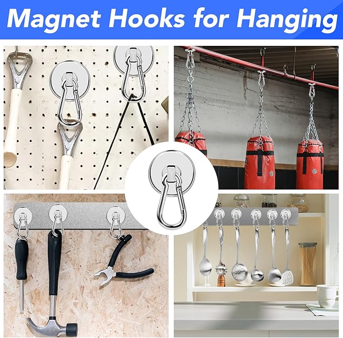 LOVIMAG Strong Magnetic Hooks, 70LBS Heavy Duty Magnet Hooks Strong Neodymium Magnets with Carabiner Hook, Hook Magnets with Swivel for Hanging, Cruise, Grill, Kitchen, Refrigerator - 12 Pack