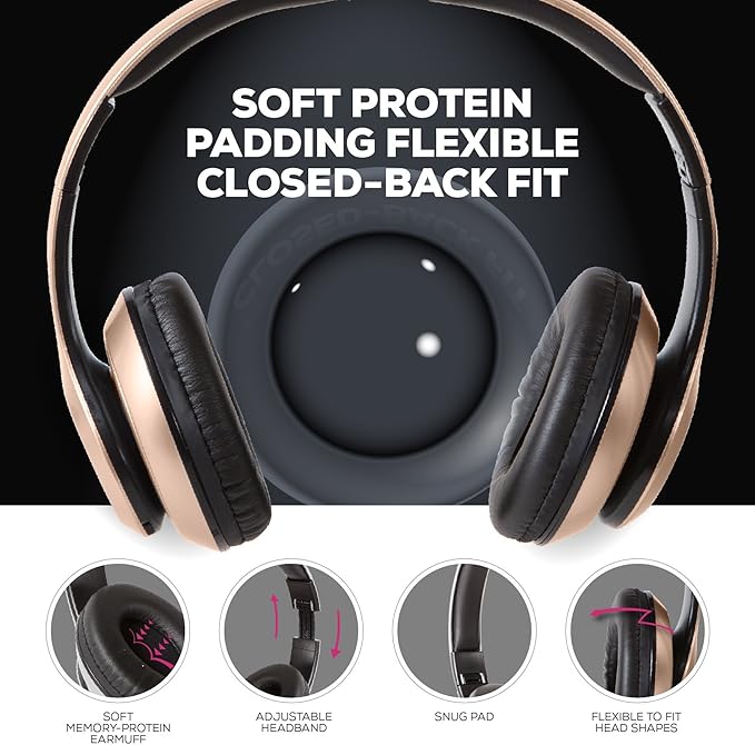iJoy Bluetooth Headphones Over Ear, Wireless and Wired Foldable Headset Built-in Microphone, FM, Micro SD Card Slot - (Gold) Adults Kids Men Women