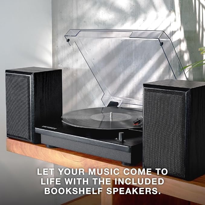 Victrola Montauk Vinyl Record Player, 3-Speed Belt Driven Turntable with Stereo Bluetooth Speaker Pair, RCA Output & 3.5mm Headphone Jack, Removable Dust Cover, Black Wood Finish