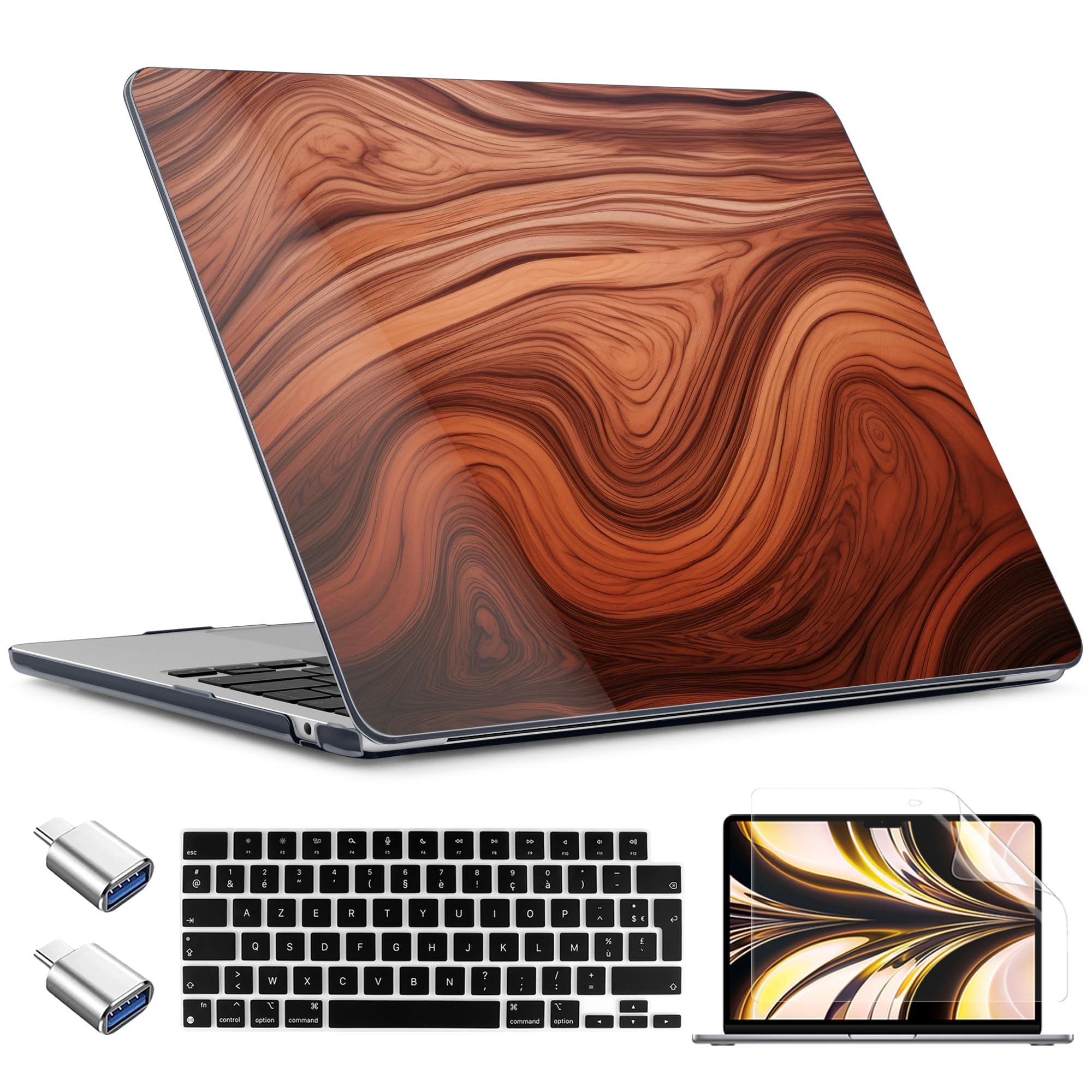 TWOLSKOO for MacBook Air 15 inch Case 2026 2025 2024 2023 Release M5 A3448 M4 A3241 M3 A3114 M2 A2941, Plastic Hard Shell & Screen Protector & Keyboard Cover & Type C Adapter, Wood Grain