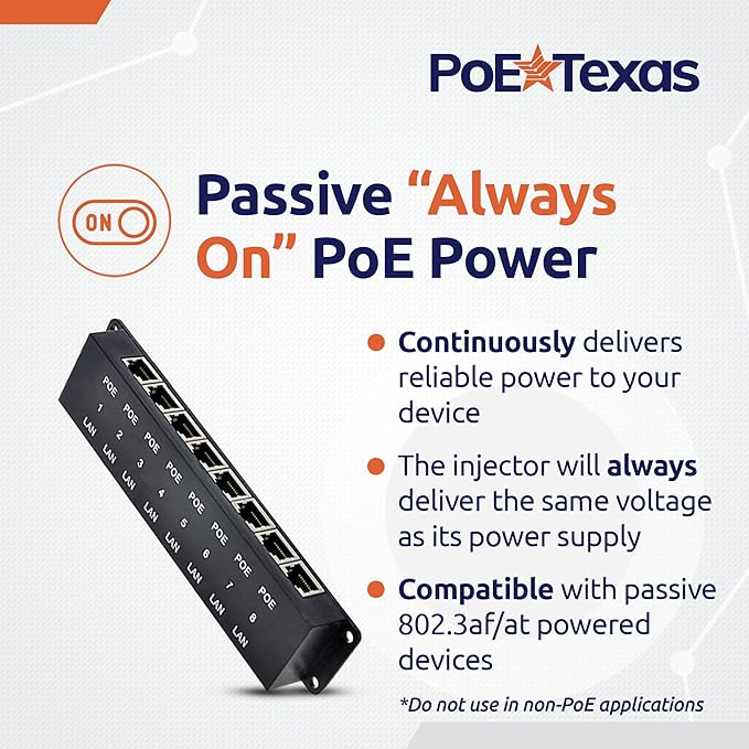 PoE Texas 8 Port Injector - 10/100 Passive Power Over Ethernet With 48V 60W UL Power Supply - 802.3af for VoIP Phones, WiFi Access Points, IP Cameras - Add to A Non-PoE Switch