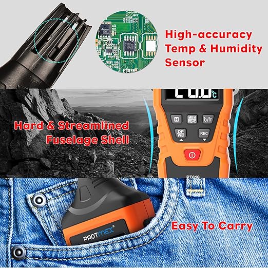 Protmex PT618 Temperature Humidity Meter, Thermometer Hygrometer Monitor with Ambient, Dew Point, Wet Bulb for Indoor/Outdoor MIN, MAX, Data Hold, LCD Backlight