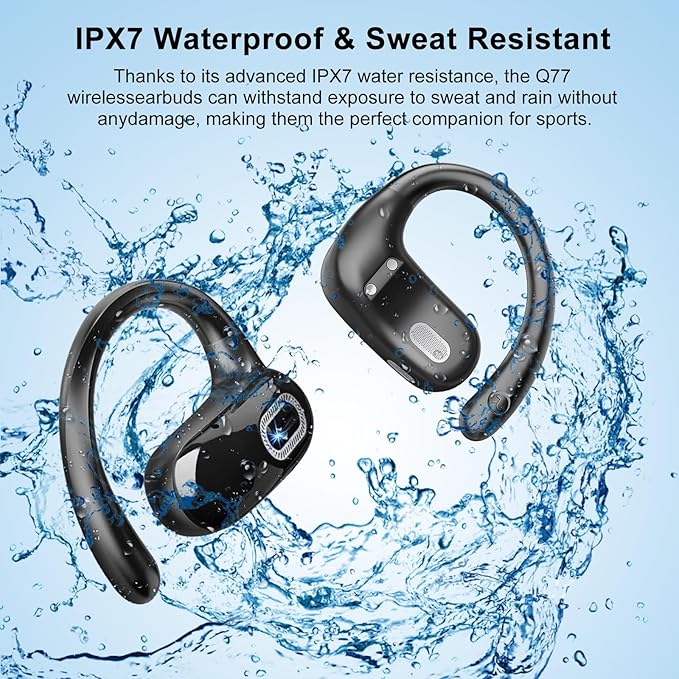 Open Ear Headphones, Bluetooth 5.4 Wireless Earbuds, 50H, Air Conduction Ear buds, HD Stereo Bass Over Ear Earphones with Earhooks, Ultra-Comfort Secure Fit, IPX7 Waterproof Headset for Working Sports