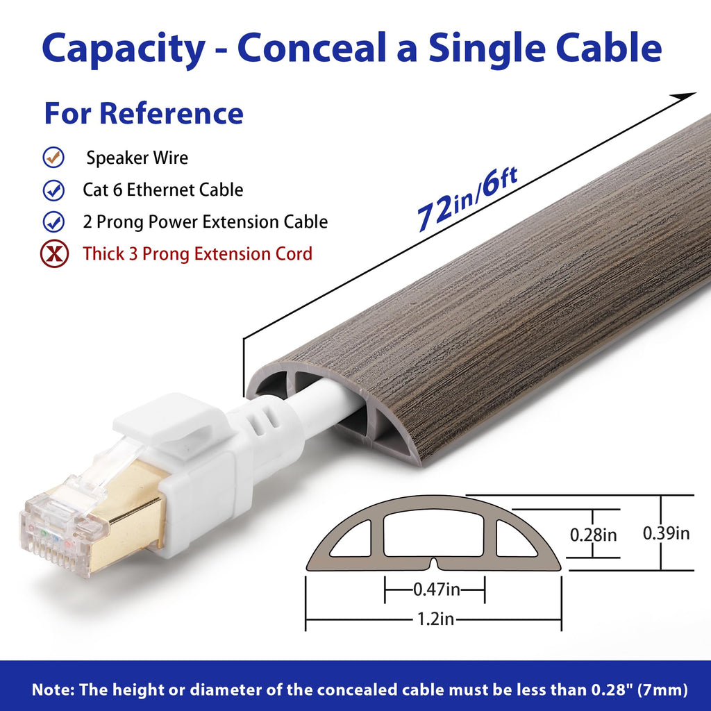 Floor Cord Cover 6ft, Cord Hider Floor Gray Wood, Cable Management Prevent Trips, Cable Cover Wire Covers for Electric Power Cords, Wire Protector Cavity W0.47in x H0.28in Grey