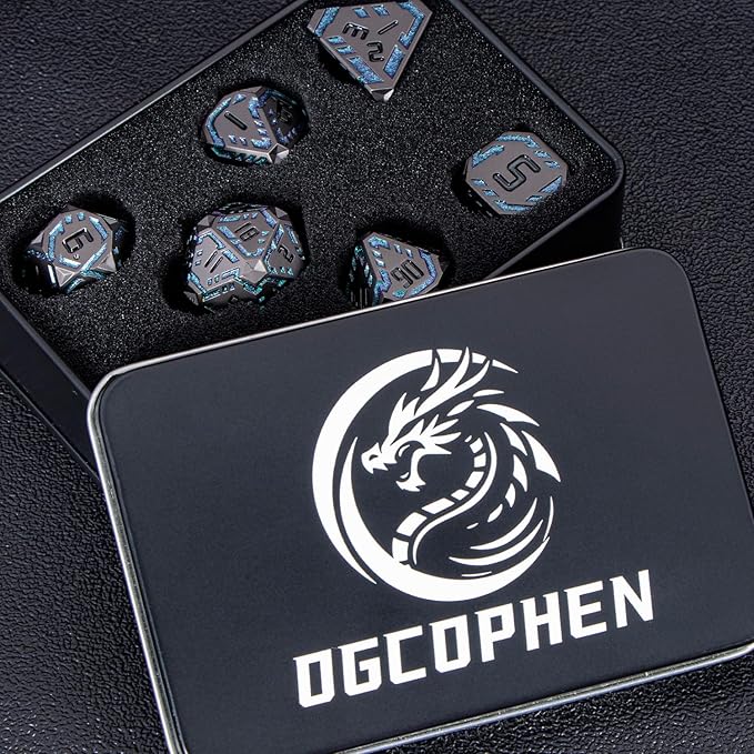 Metal DND Sci-fi Dice Set 7PCS Stripe Polyhedral Dice for Dungeons Dragons RPG Role Playing Game, Glitter D and D Dice with Gift Box D6 D8 D10 D12 D20 (Black&Green Purple)