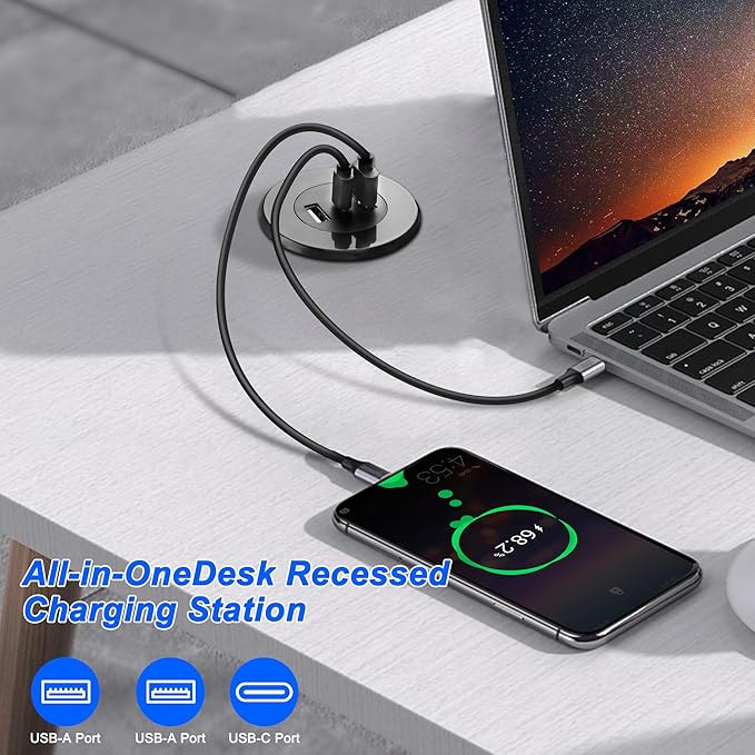 MEIRIYFA 3-in-1 Desktop Power Embedded Charger USB/Type C Desktop Station Mounts Charging Dual USB Multifunctional Desk USB Hub with 6.56 FT Power Cord for Bedside Table, Desks, Furniture