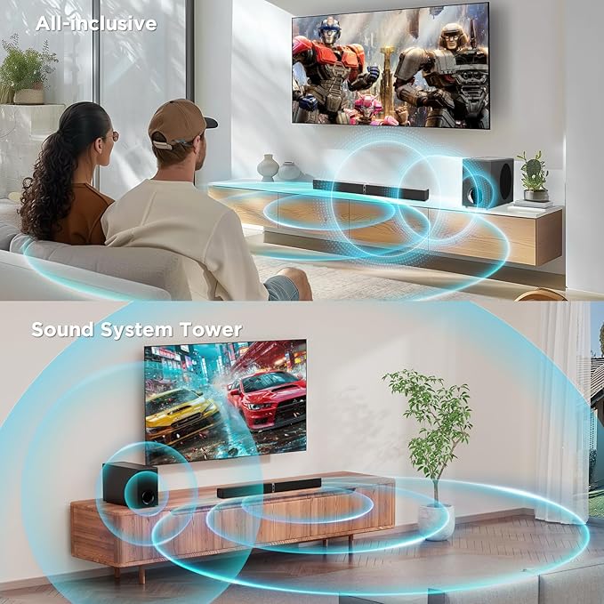 MZEIBO Sound bar with Subwoofer, 120W Bluetooth 5.0 TV Soundbar Home Theater System with Wired Subwoofer, Deep Bass Audio System with BT/ARC/Optical/AUX Connection for TV PC
