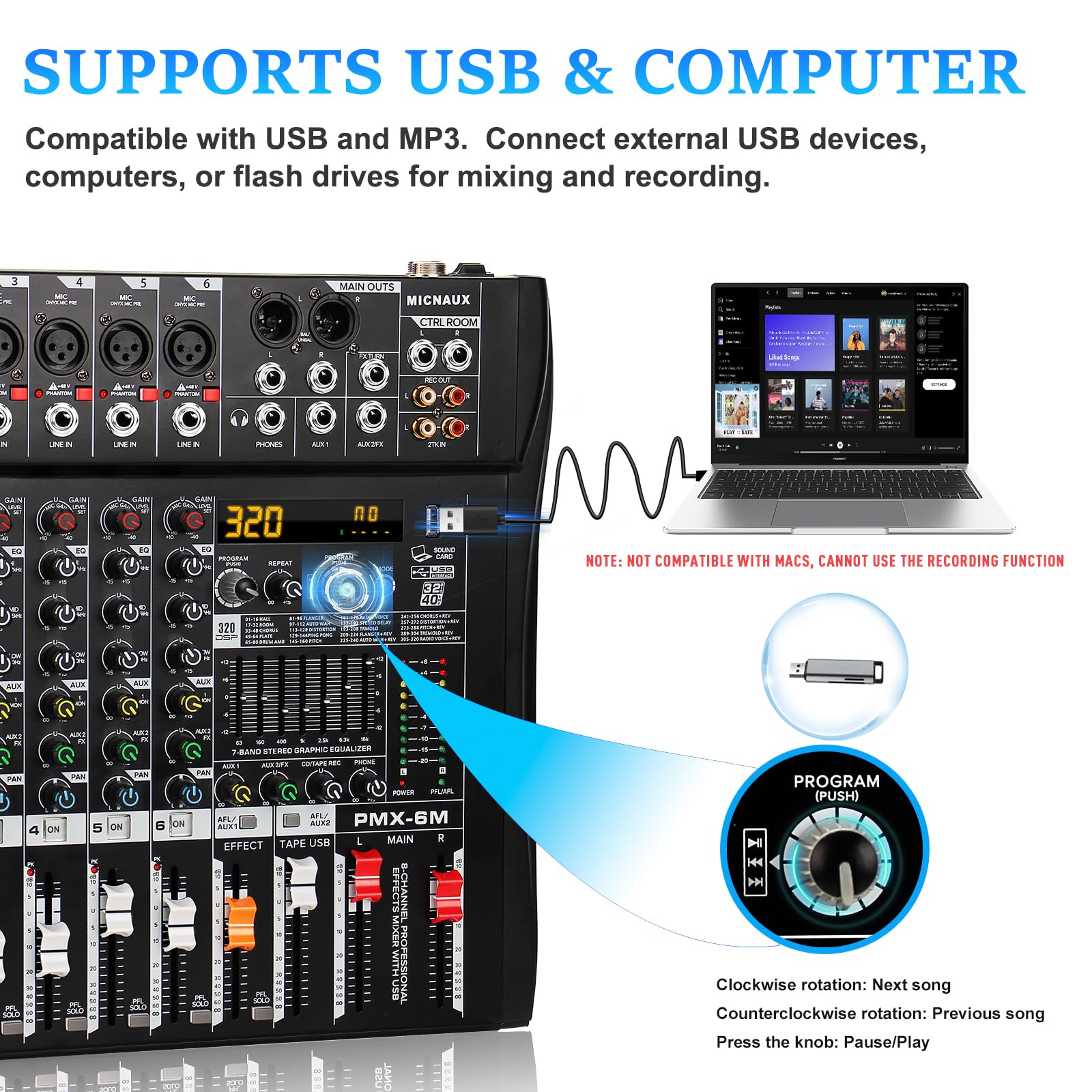 MICNAUX Audio Mixer 6 Channel Professional Mixer Console with 320 DSP Effects, 7-band EQ Sound Mixing Board Digital DJ Mixer w/USB Bluetooth MP3 for Recording, Independent 48V Power & Mute Button