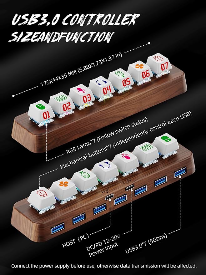 7-Port USB 3.0 Powered Hub, RGB Lighting, Hot-Swappable Cherry MX Switch Support, 5Gbps Speed, Includes 12V/2A Power Adapter, Walnut Wood Cyberpunk USB Dock-FU0724