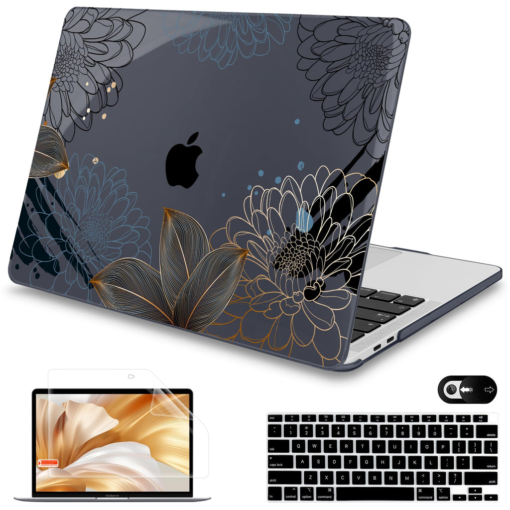 Mektron for MacBook Air 13 Case A1466/A1369 (2010-2017 Release), Snap-on Plastic Hard Shell Cover for MacBook Air 13.3 inch with Keyboard Cover, Line Chrysanthemums