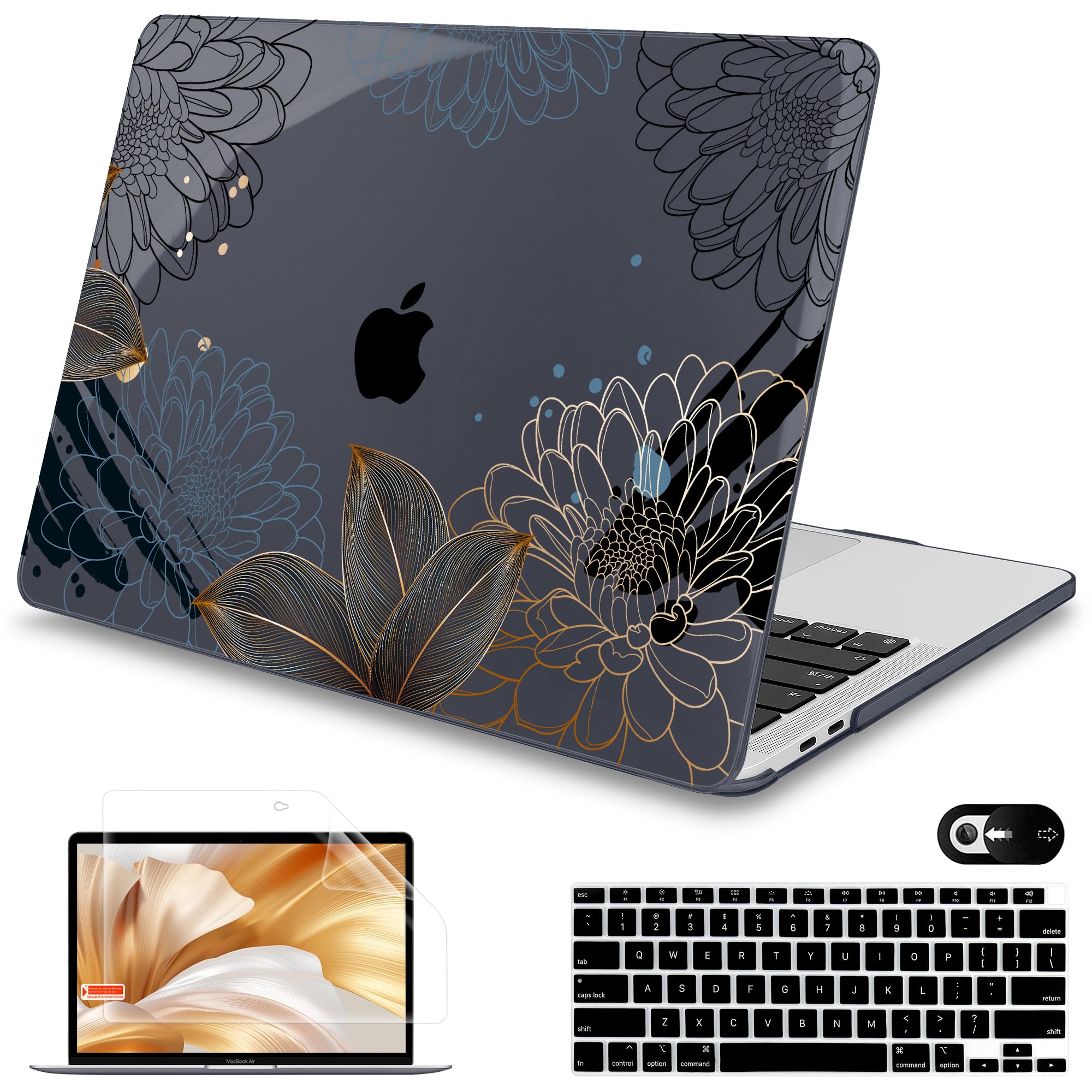 Mektron for MacBook Air 13 Case A1466/A1369 (2010-2017 Release), Snap-on Plastic Hard Shell Cover for MacBook Air 13.3 inch with Keyboard Cover, Line Chrysanthemums