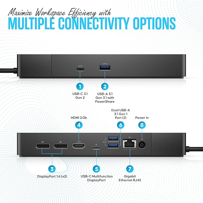 WD19DCS Dell Docking Station USB C - Dual Monitor Docking Station with 240W, HDMI Cable, DisplayPort Cable & Microfiber Cleaning Cloth - Performance Dock Station (Renewed)