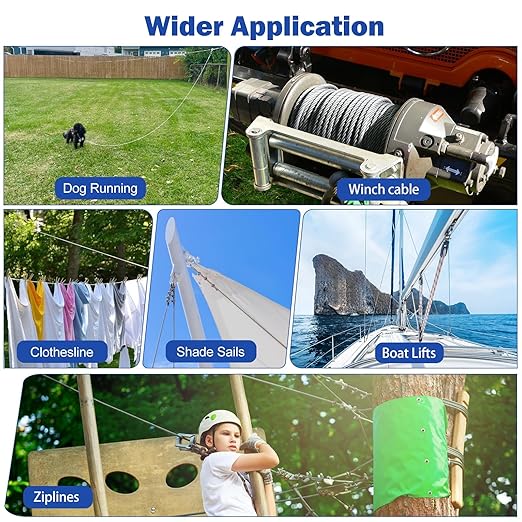 TooTaci 3/16" Stainless Steel Cable, 50ft Wire Rope with Aluminum Crimping Sleeve&Thimbles, 7x19 Strands, 3700lbs Breaking Strength Heavy Duty Aircraft Cable for Zipline, Deck Railing, Shade Sail
