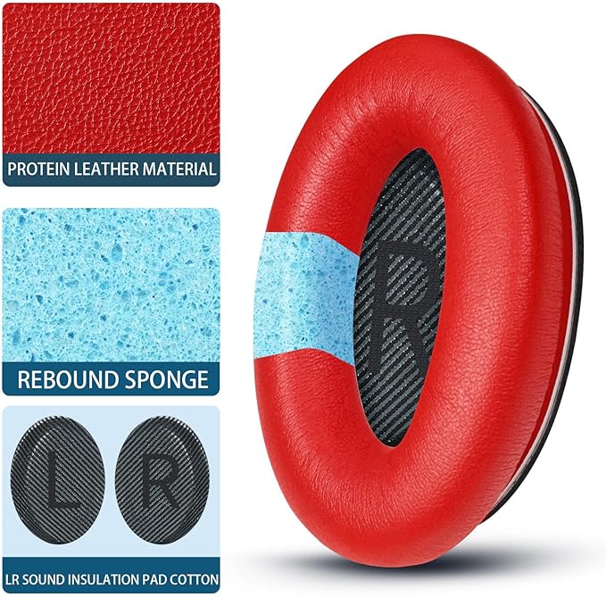 Headphones Replacement Ear Pads, Protein Leather earpad Cushions for Bose Quiet Comfort QC35 Headphones, Replacement Earpads, Softer Memory Foam - Red