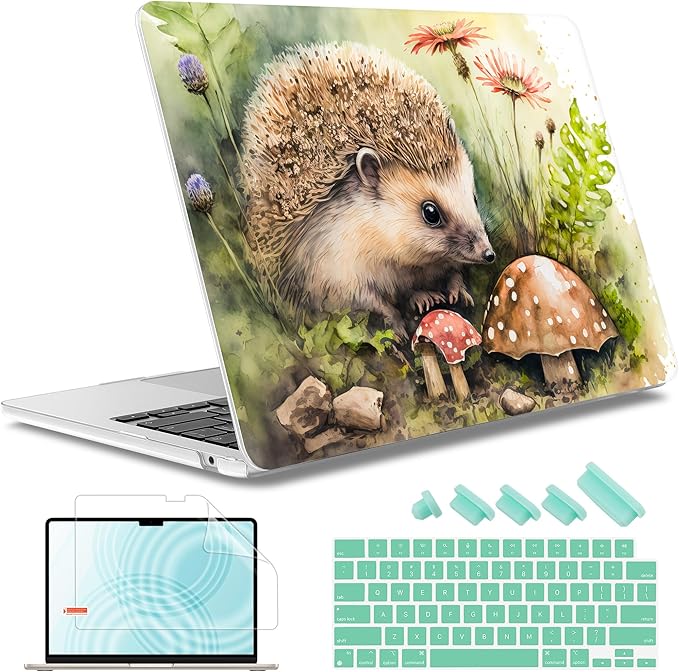 May Chen for MacBook Air 13.6 inch Case A3240 M4 A3113 M3 A2681 M2 with Retina Dispaly, 2025 2024 2023 2022 Release, Plastic Hard Shell Case with Screen Protector & Keyboard Cover, Hedgehog watercolor