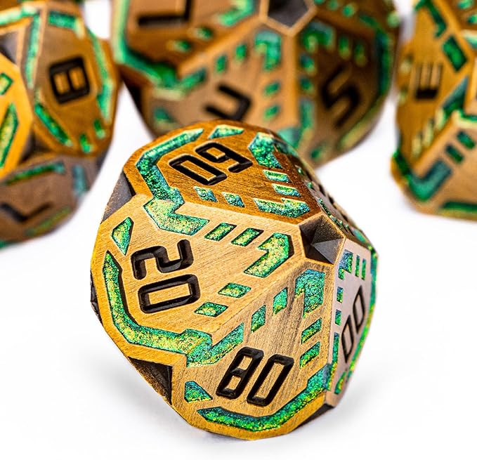 Metal DND Sci-fi Dice Set 7PCS Stripe Polyhedral Dice for Dungeons Dragons RPG Role Playing Game, Glitter D and D Dice with Gift Box D6 D8 D10 D12 D20 (Yellow Green)