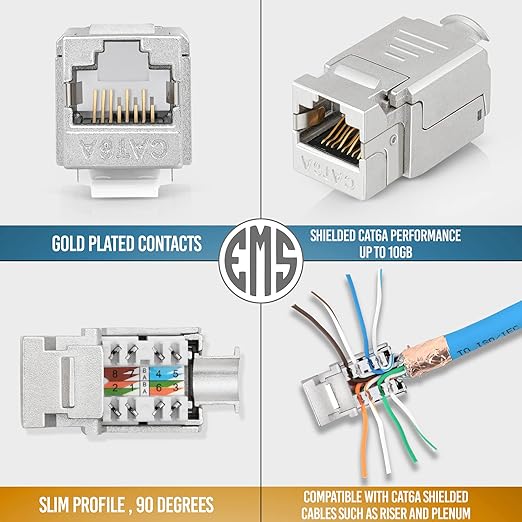 Everest Media Solutions RJ45 Shielded Keystone Jack - 6-Pack - Slim Profile, 90 Degrees, F/STP Female Connector - Tested for CAT5e, CAT6, CAT6A, CAT7 - up to 10GB Speed