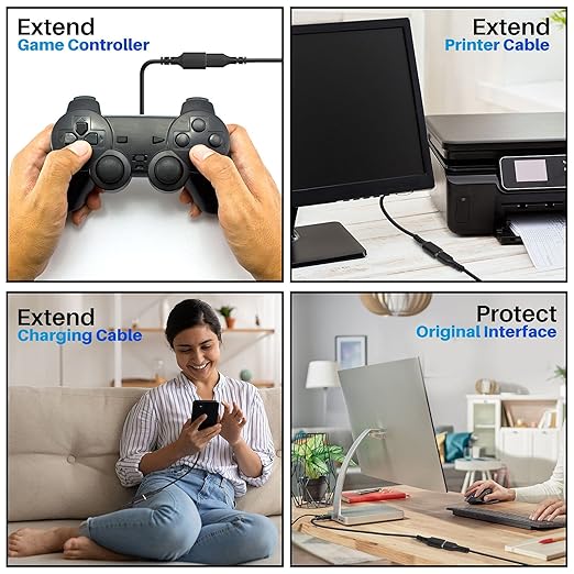3 Pack USB Extension Cable 8 FT, USB 2.0 Type A Male to Female Extender Cord Adapter, Compatible with Printer, Keyboard, Mouse, Flash Drive, Hard Drive, Controller, Black Cable with 5 Cable Ties