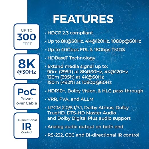 OREI 4K @ 120Hz HDMI Over Ethernet Extender Balun - HDBaseT UltraHD 8K@30hz CAT6/7 Cable with HDR, CEC & IR Control, RS-232 Up to 400 Ft Power Over Cable Audio Out (BK-EXB400R-K)