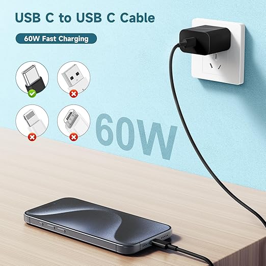 60W USB C to C Cable [3Pack] iPhone 15 Fast Charging Cable,10ft Long USB-C to USBC Power Cord for iPhone 16/15 Pro Plus Pro Max, MacBook Pro Air/IPad/iPad Pro 12.9/11,AirPods 4(Black)