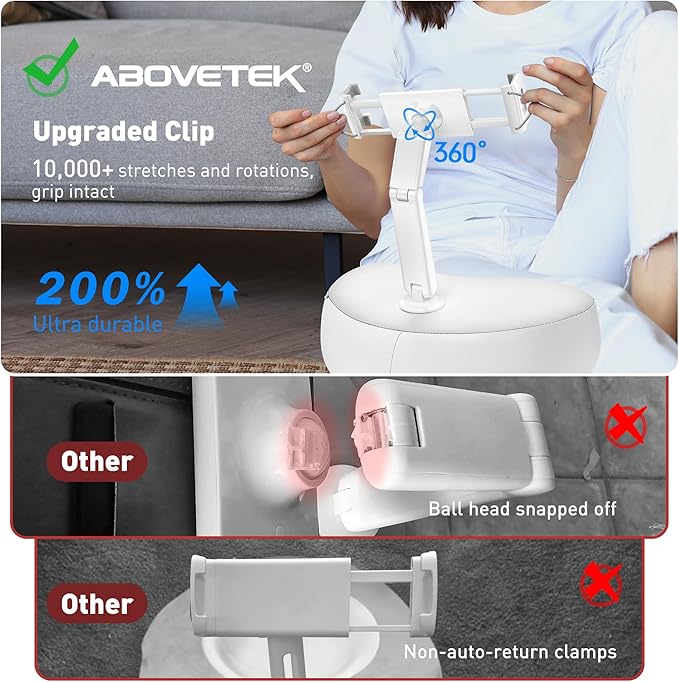 AboveTEK Tablet Pillow Stand for Bed, Hands-Free 360° Adjustable iPad Pillow Holder for Lap Reading w/Soft Bean Bag, Ideal Gift for Mom, Fits 4.7" to 12.9" Tablet, Phone, Kindle, White