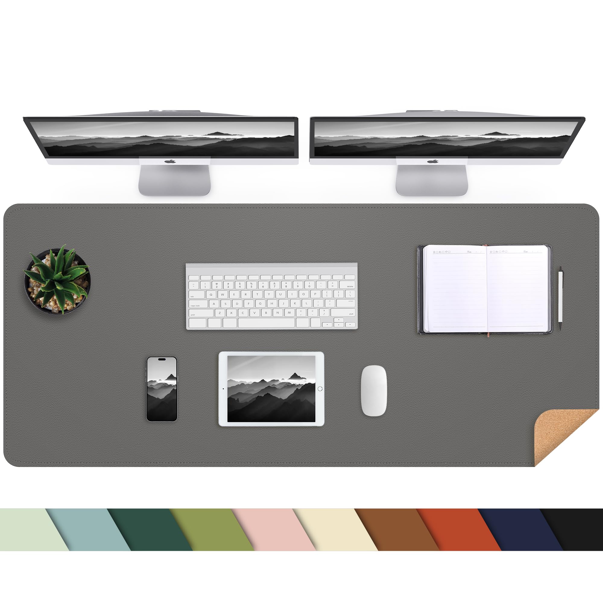 AFIING Leather Desk Pad Protector, 47" x 17" Large Desk Mat with Natural Cork & PU Leather, Mouse Pad, Non-Slip, Waterproof Desk Writing Pad for Office and Home (Dark Grey)