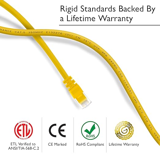 GearIT 50-Pack, Cat5e Ethernet Patch Cable 1 Foot - Snagless RJ45 Computer LAN Network Cord, Yellow - Compatible with 48 Port Switch POE Rackmount 48port Gigabit
