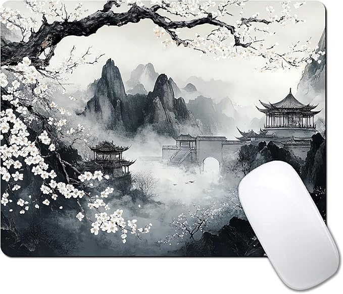 Japanese Aesthetic Landscape Painting Custom Mouse Pad with Non-Slip Rubber, Small Square Design for Wireless Laptop & Computer Mouse Pads for Desk, 9.5 x 7.9 inch Smooth Surface for Gaming & Office