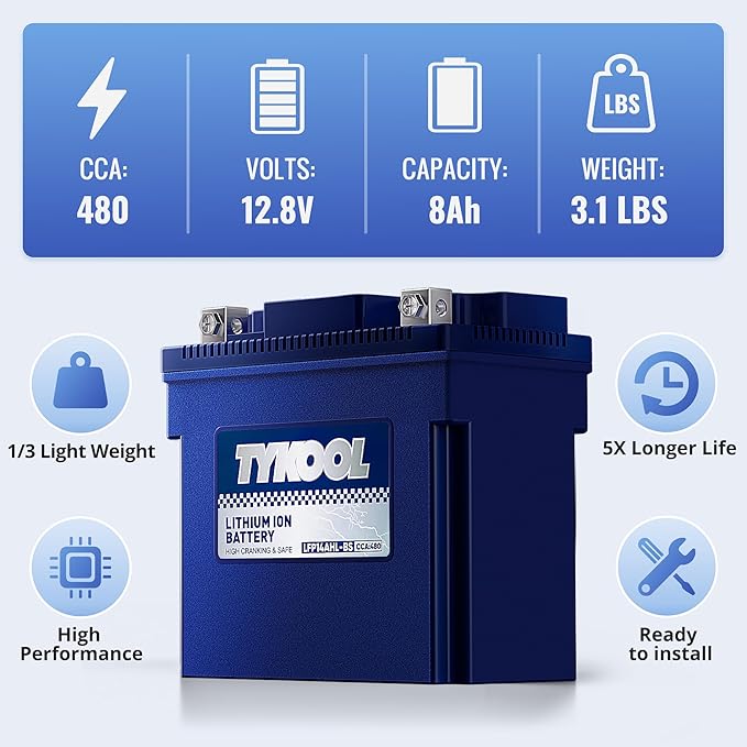 TYKOOL YTX14AHL-BS LiFePO4 Lithium Motorcycle Battery,12.8V 8Ah,480CCA,Digital Readout,Powersports Battery, Fits for Motorcycle,ATV,Snowmobile,PWC. 3X Cranking Amps,5X Longer Life.Fast Charging.