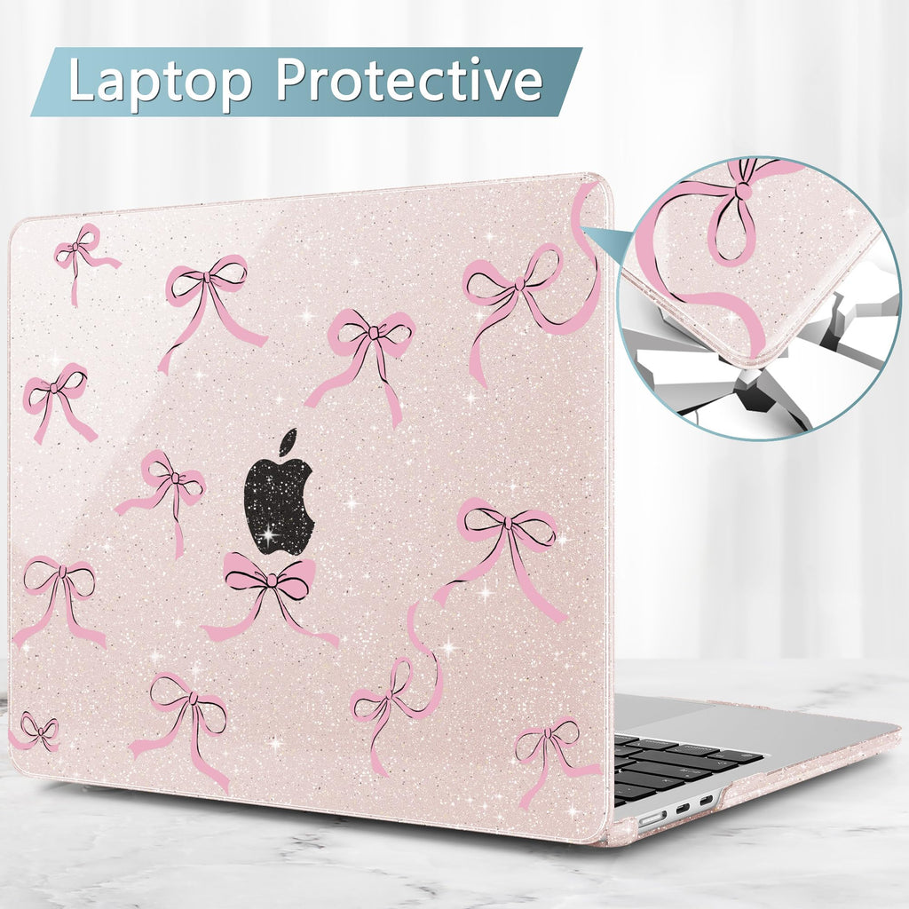 May Chen Case for MacBook Air 13/13.6 inch M5 A3449 M4 A3240 M3 A3113 M2 A2681, 2026 2025 2024-2022, Plastic Hard Shell with Keyboard Cover & Screec Protector, Sakura Pink Glitter Bow