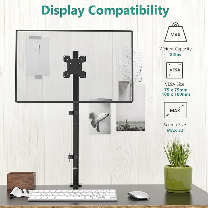WALI Monitor Arm Mount for Desk, Single Extra Tall Computer Desk Mount, Monitor Bracket Mount Stand Single, up to 32 inch, 22 lbs (M001XL), Black