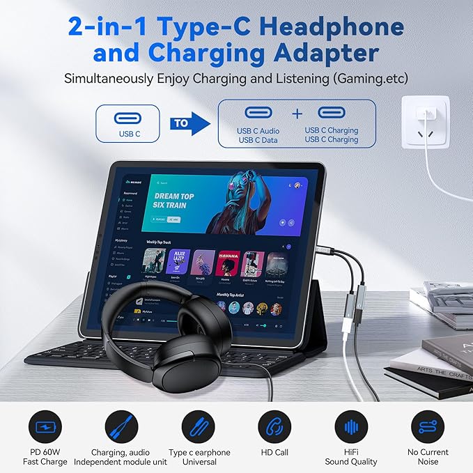 USB C Headphone Splitter,CCZ CA01 USB C to Type C Headphone Jack and Charger Adapter, 1 in 2 Out Dongle Hi-Res DAC Audio Cable with PD 60W Fast Charging for Samsung Galaxy S25 S24 S23 S22 (USBC-USBC)