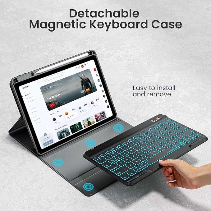 Keyboard Case for iPad Air 5th/4th Pro 11 inch, 7-Color Backlit Detachable Wireless Keyboard Case with Pencil Holder, Stand Folio Cover for Gen 2020/2022, Pro 4th/3rd/2nd/1st Gen, Black